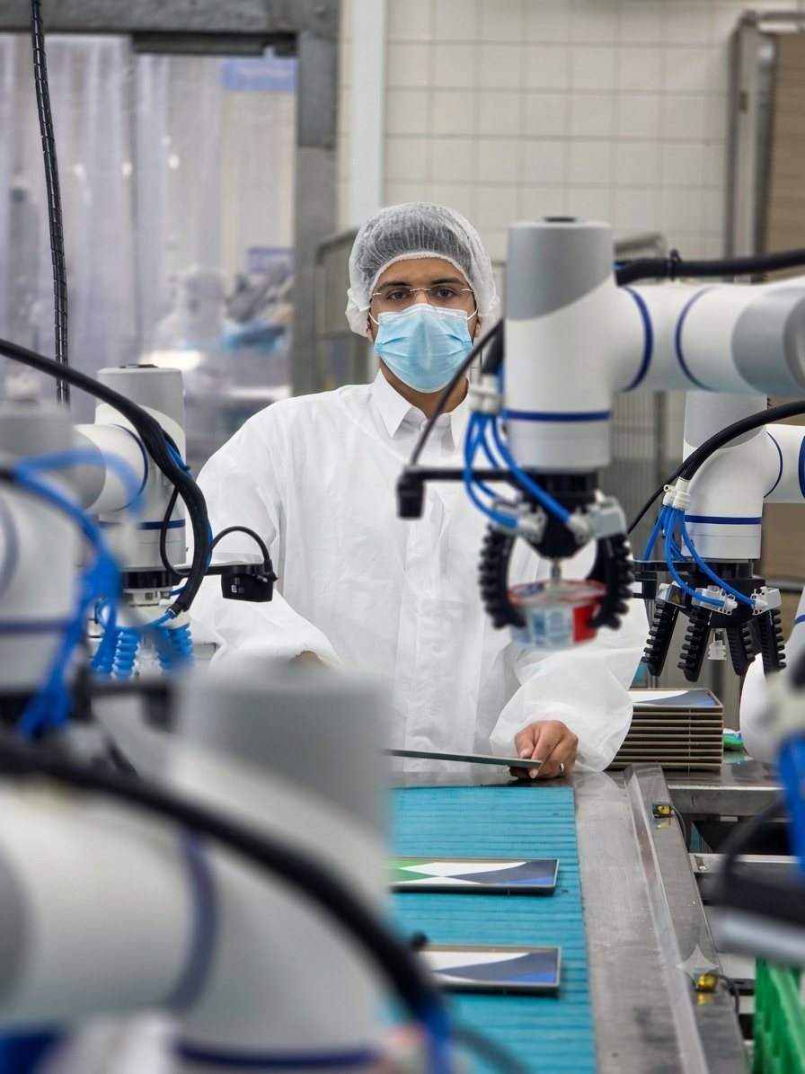 Abdullah Omaisan standing within an industrial robotic production line
