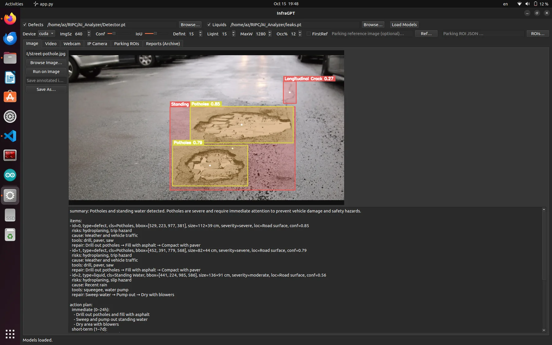 InfraGPT interface showing detected road defects and an action plan